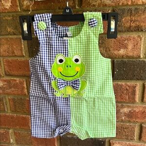 Green and Blue Frog Gingham Romper